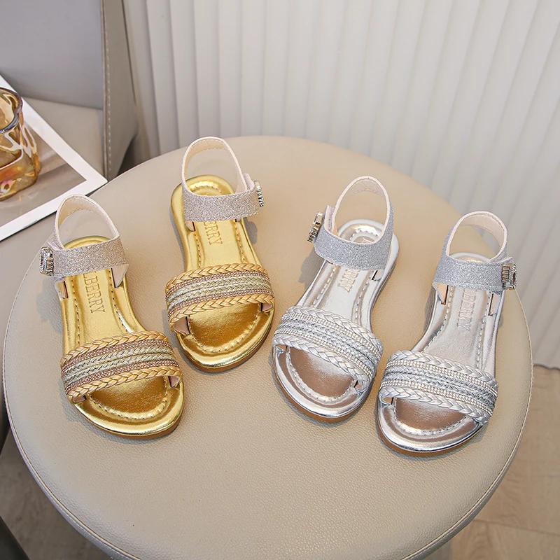 Girls Glitter Beach Shoes 2025 Summer Brand New Shiny Bling Princess Kids Flat Sandals Open Toes Sweet Children Swimming Sandals