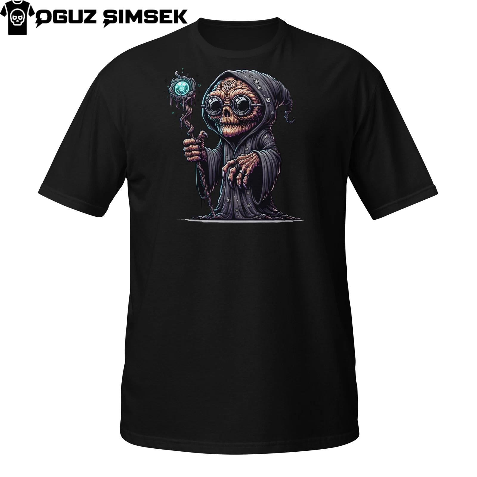 Wizard Skeleton T-Shirt Mens Womens Tees Top | Grim Mage with Staff and Hood | Gothic Spellcaster Tee S