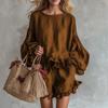 Women's 2pcs Casual Outfit, Lantern Sleeve Loose Top + Ruffle Hem Shorts, Spring Summer Fashion Outfits for Women Europe America Style