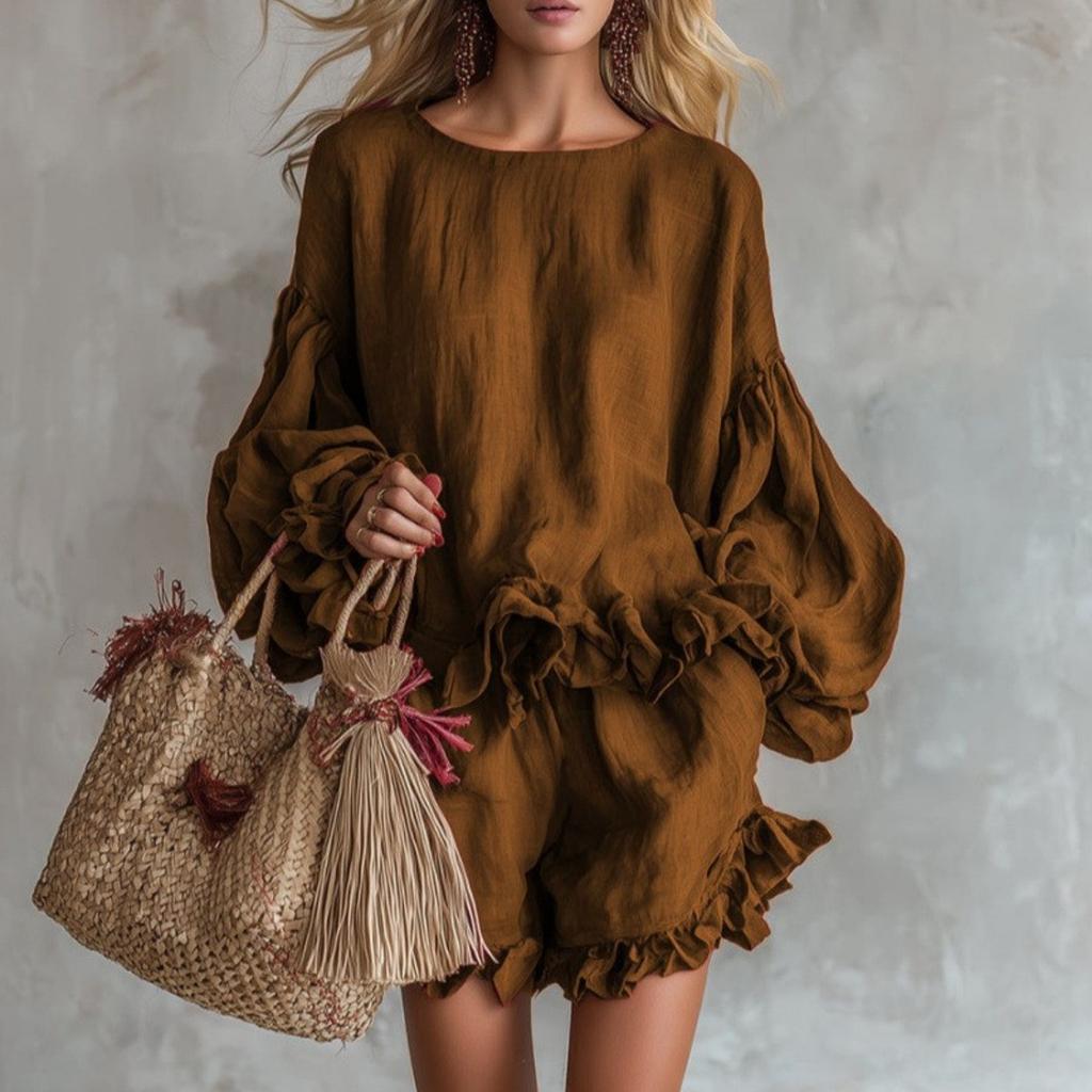 Women's 2pcs Casual Outfit, Lantern Sleeve Loose Top + Ruffle Hem Shorts, Spring Summer Fashion Outfits for Women Europe America Style