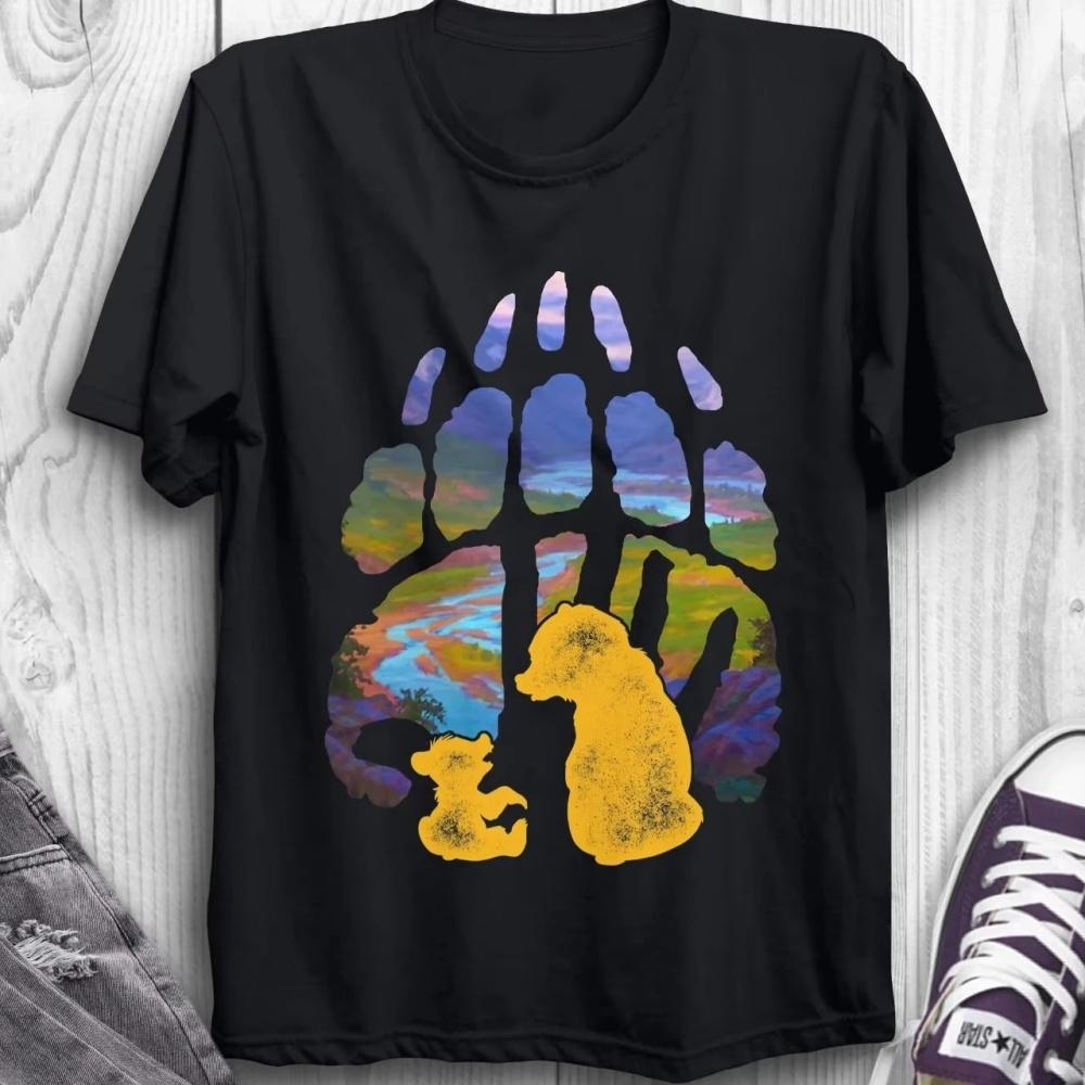 

Black TShirt with Giant Animal Paw Colorful Nature Scenery Inside Yellow Bear Silhouettes Funny Graphic Tee Short Sleeve Top S