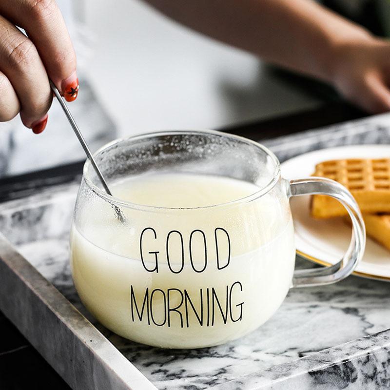 350ml Heat-Resistant Glass With Glass Lid Letter Printed Transparent Creative Juice Milk Coffee Mug Breakfast Cup Microwave Mug