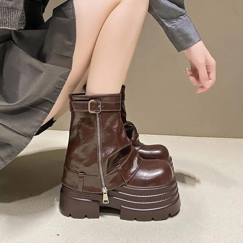 Fashion 10cm Pigskin Leather Winter Autumn Ankle Booties Fashion ZIP Women Moccasins Platform Wedge Chimney Plush Spring Shoes