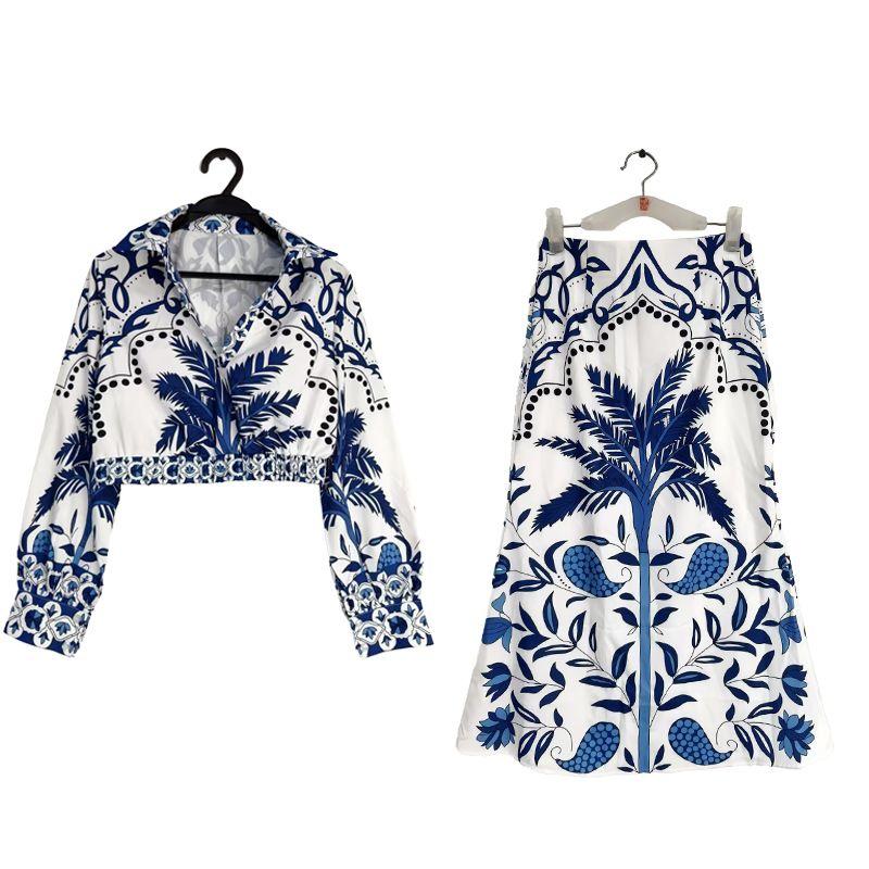 

Printed Leisure Suit New European and American Women V-neck Long sleeve Skirt Retro Print Leisure Set Image color 3XL