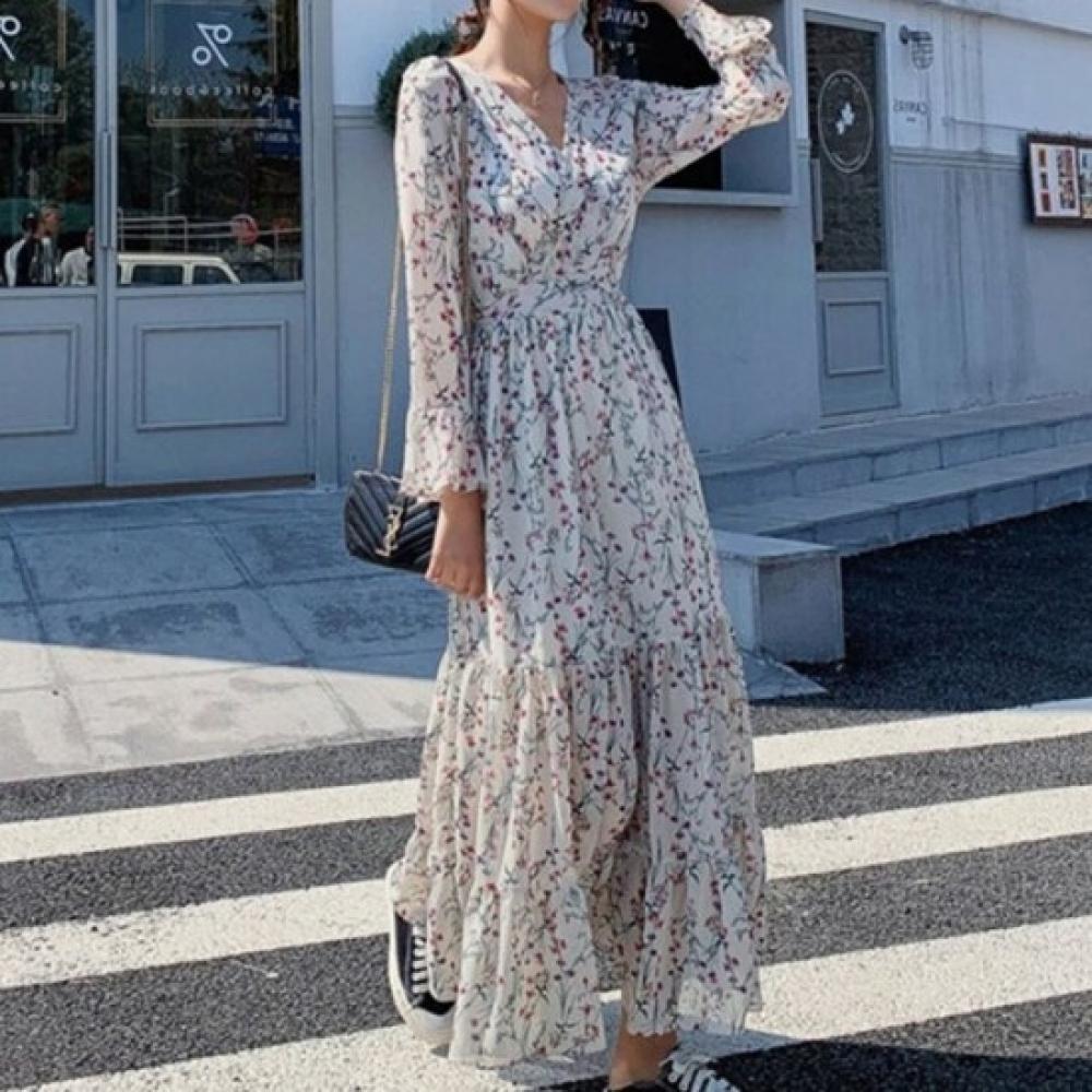 New ArrivAls Open Run Flower Ruffle Chiffon A Line Long Sleeve Dress