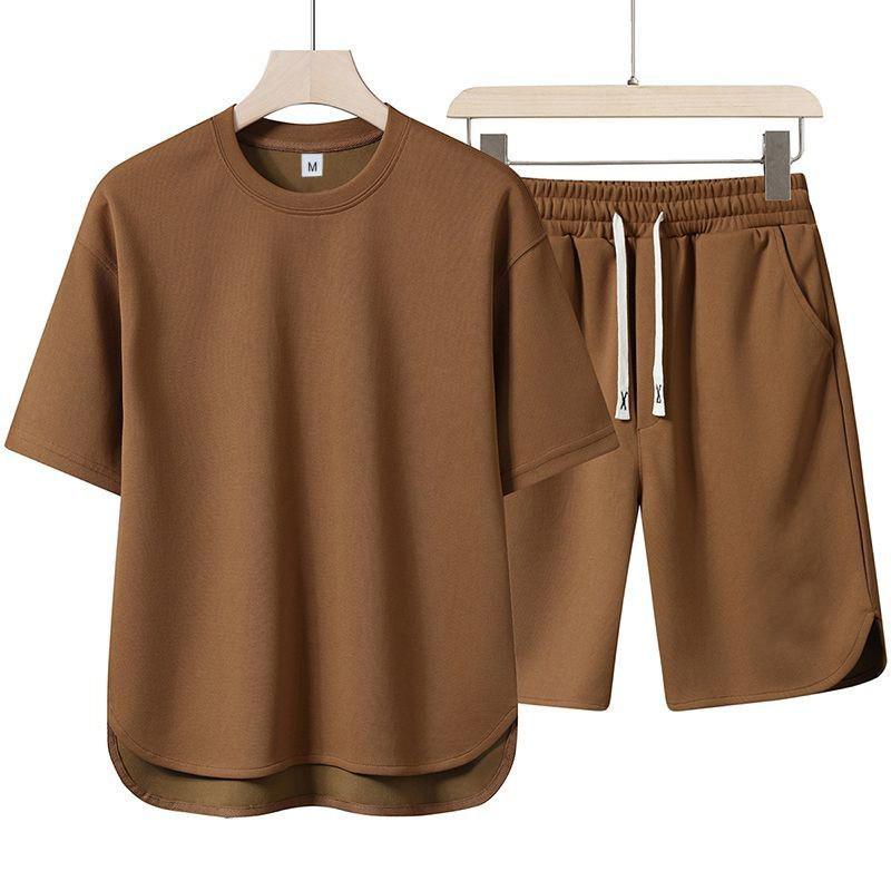 European Size Men's Summer Two-Piece Set: Solid Color Round Neck T-Shirt & Shorts