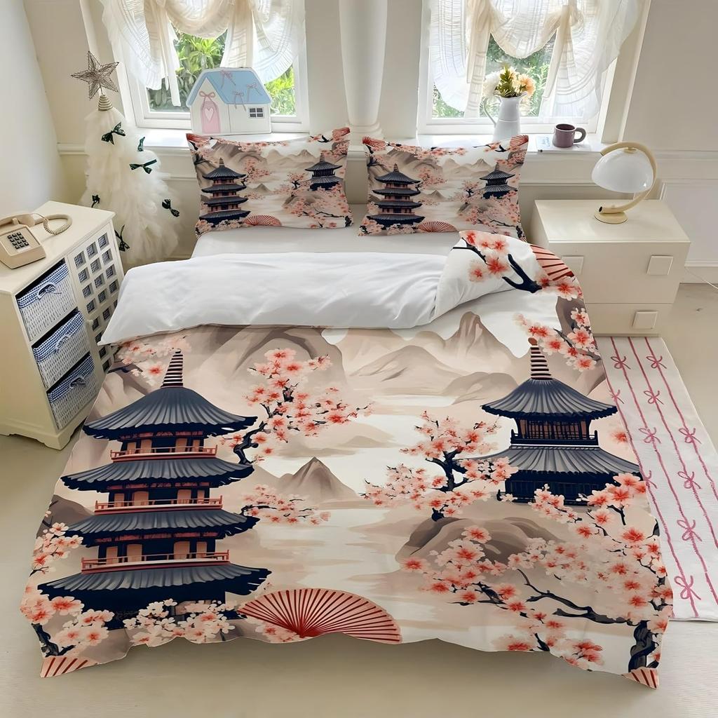 Sakura Double 3D Duvet Cover, Japanese Theme Cherry Blossoms Bedding Sets, Microfibre Quilt Cover Set And Pillowcases 50X75Cm