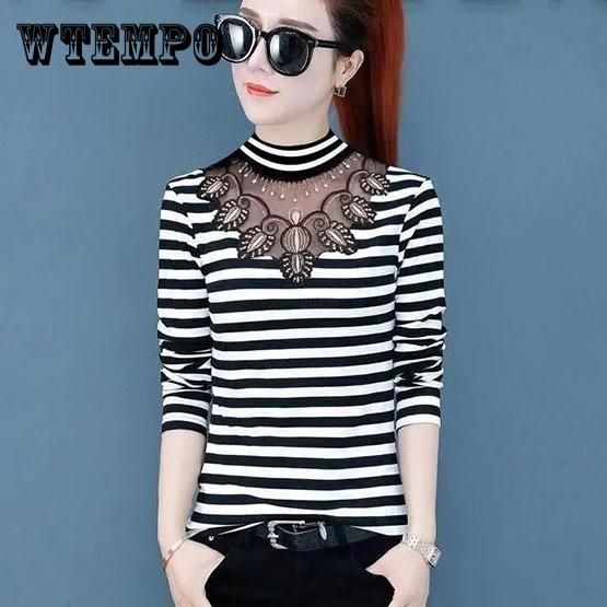 

Весенне-осенняя женская кружевная рубашка с вырезами, повседневные полосатые топы большого размера с длинными рукавами XXXXL белый