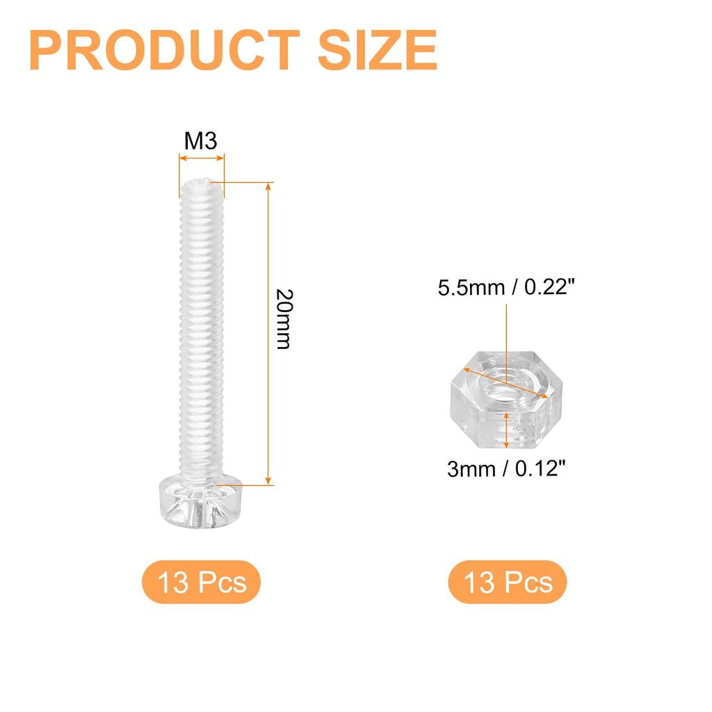 uxcell Clear Acrylic Screw M3 x 20mm Round Head Phillips Bolts and Hex Nuts for Mechanical and DIY Crafts 13-Piece Kit, Accessories, Electronics,