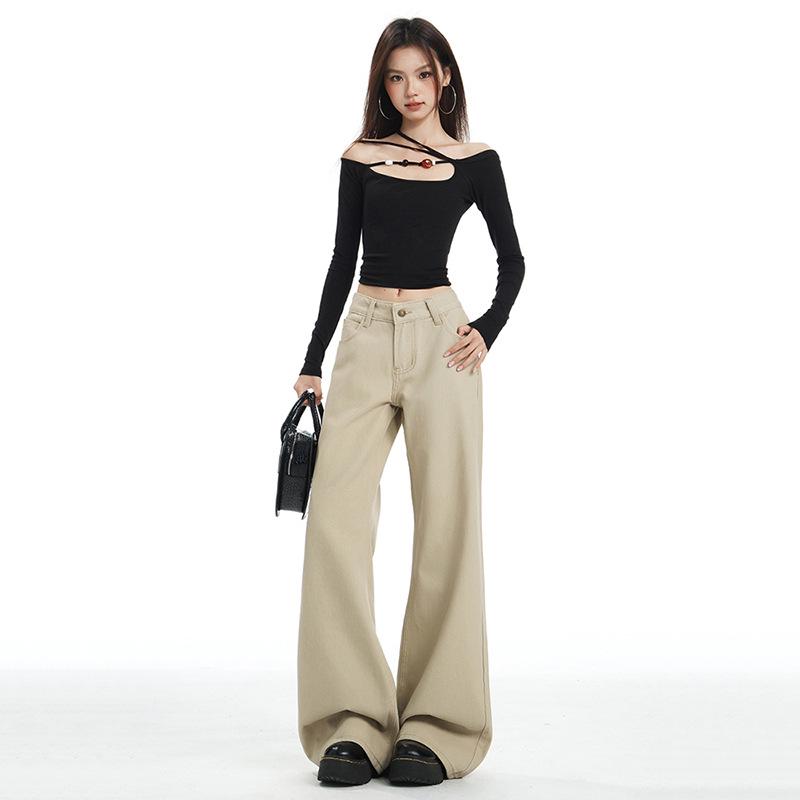 

Women s Khaki Micro-Flare Jeans: American Style, Relaxed Fit, Slimming, Floor-Length, New Autumn/Winter Collection Medium