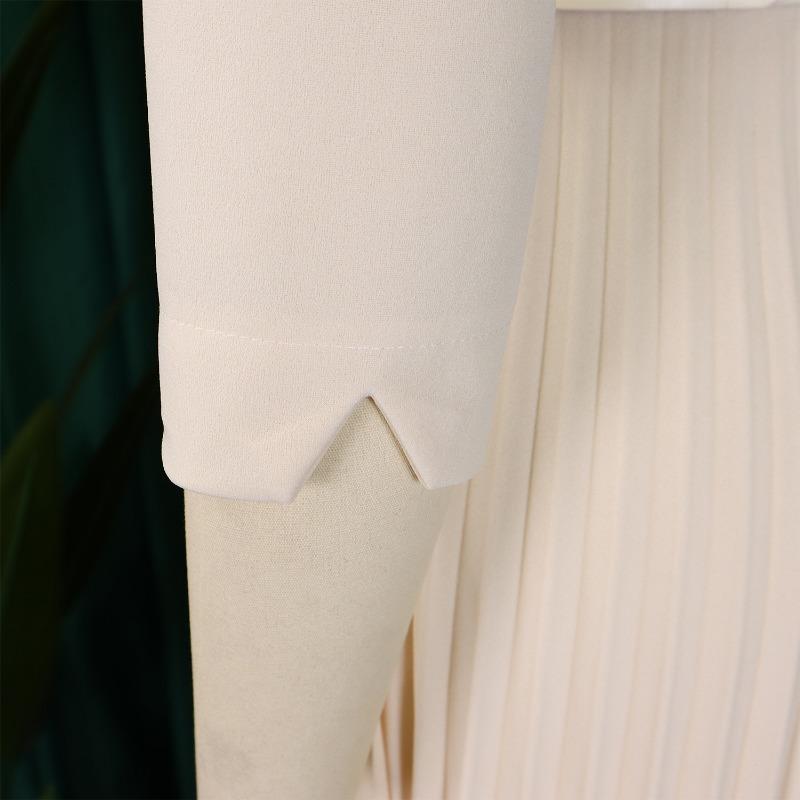 Women Elegant Color Block Turn Down Collar High Waist Pleated Office A Line Dress