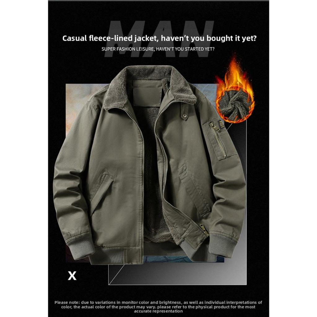 Winter Fleece-Lined Pilot Jacket, Men's Fleece-Lined Thickened Oversized Cotton Coat with Lapel Collar