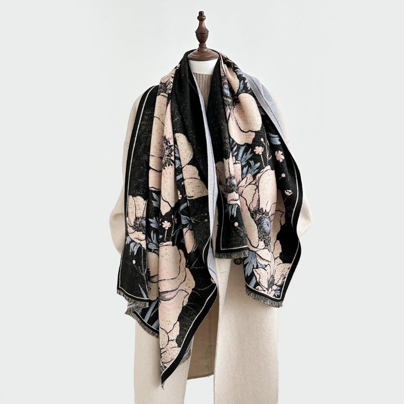 New plant flower scarf autumn and winter thickened retro oil painting scarf women's versatile imitation cashmere shawl
