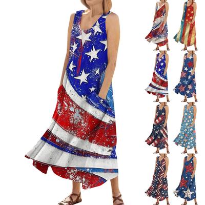 Women's Summer Casual Fashion Independence Day Printed Sleeveless Round Neck Pocket Dress
