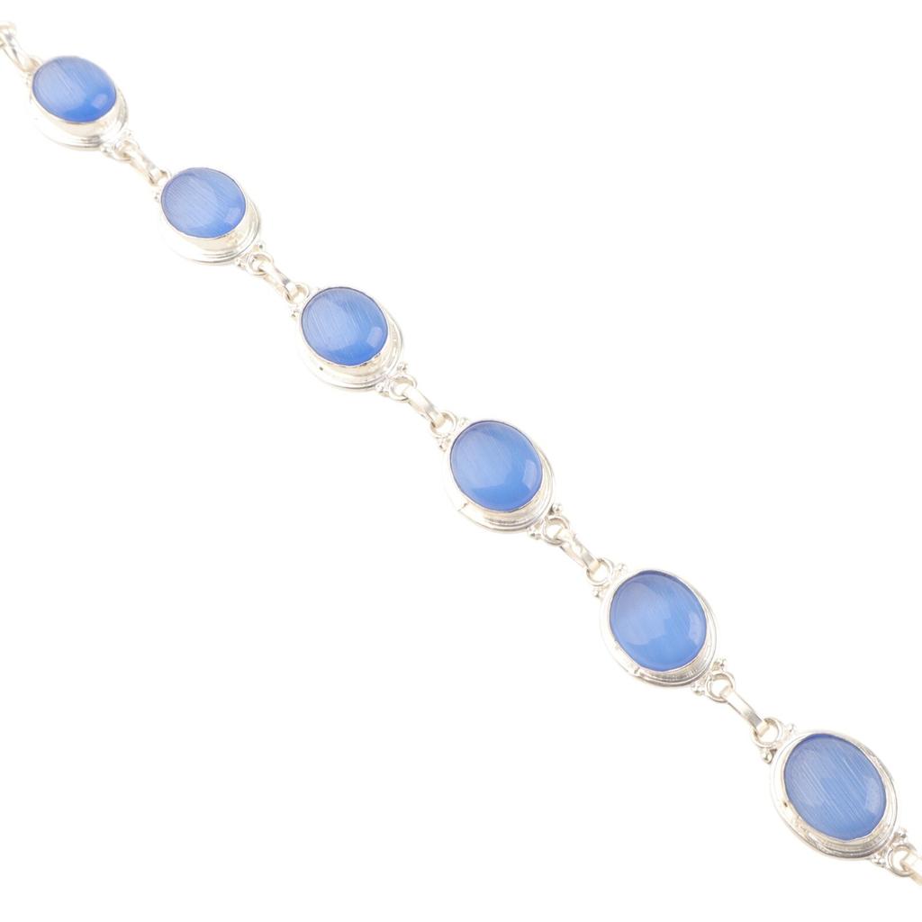 Natural Dark Blue Cat's Eye Gemstone 925 Sterling Silver Handmade Bracelet 8.5" RB-3-30