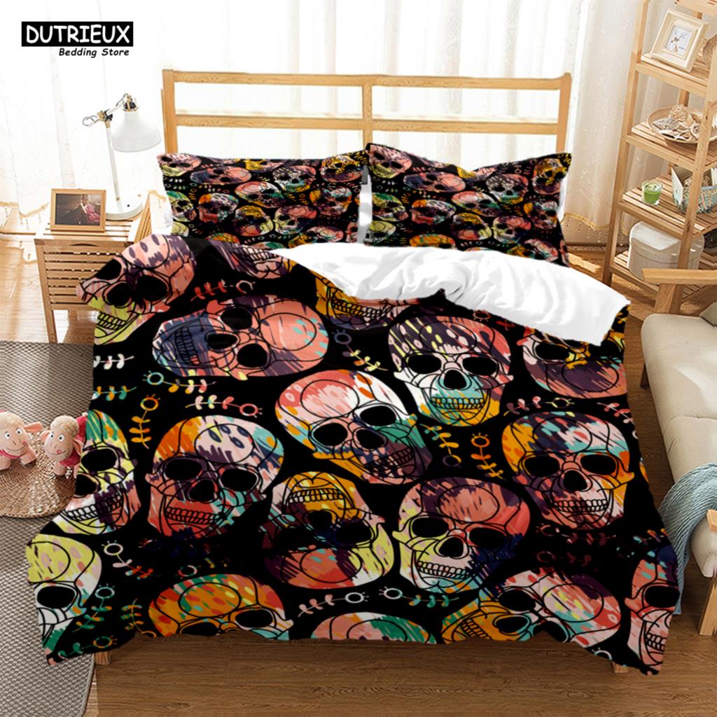 

Mysterious Colored Skeleton Bedding Set Skeleton Duvet Cover Set Soft Comfortable Breathable Duvet Cover Bedroom Guest Room EU Single(135*200cm)3pcs