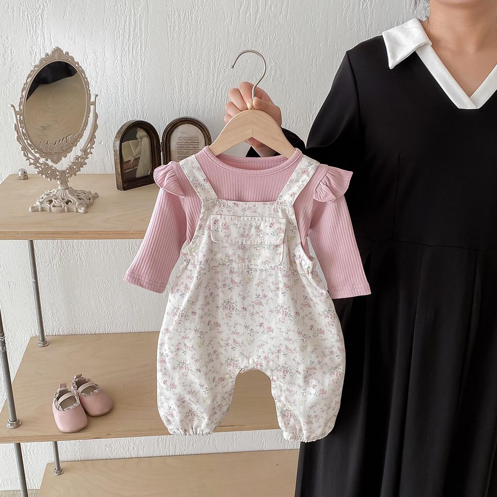 Baby Meisje Bloemige Tuinbroek Twee Delig Set Lente Herfst Baby Bodysuit Romper Pasgeboren Outfit Kleding