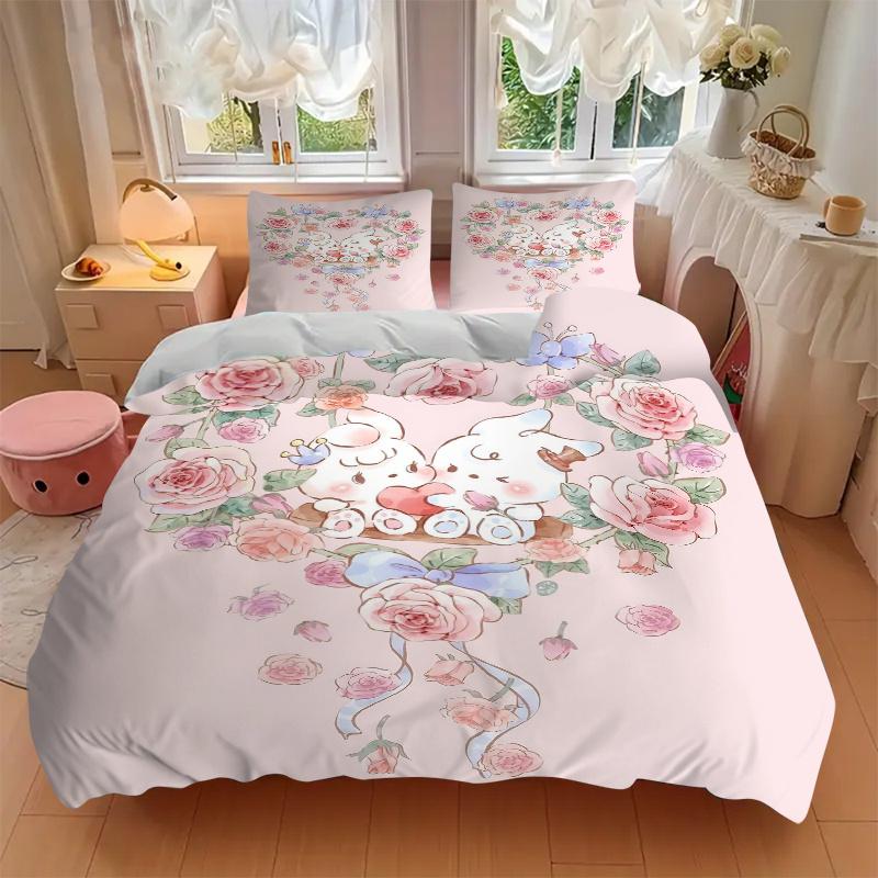 3-teiliges gestepptes Bettwäsche-Set mit Love Flowers & Bunnies-Druck - Weiche und bequeme Bettbezüge für Schlafzimmer, Gästezimmer und Wohnheime Dekorative Bettwäsche Se
