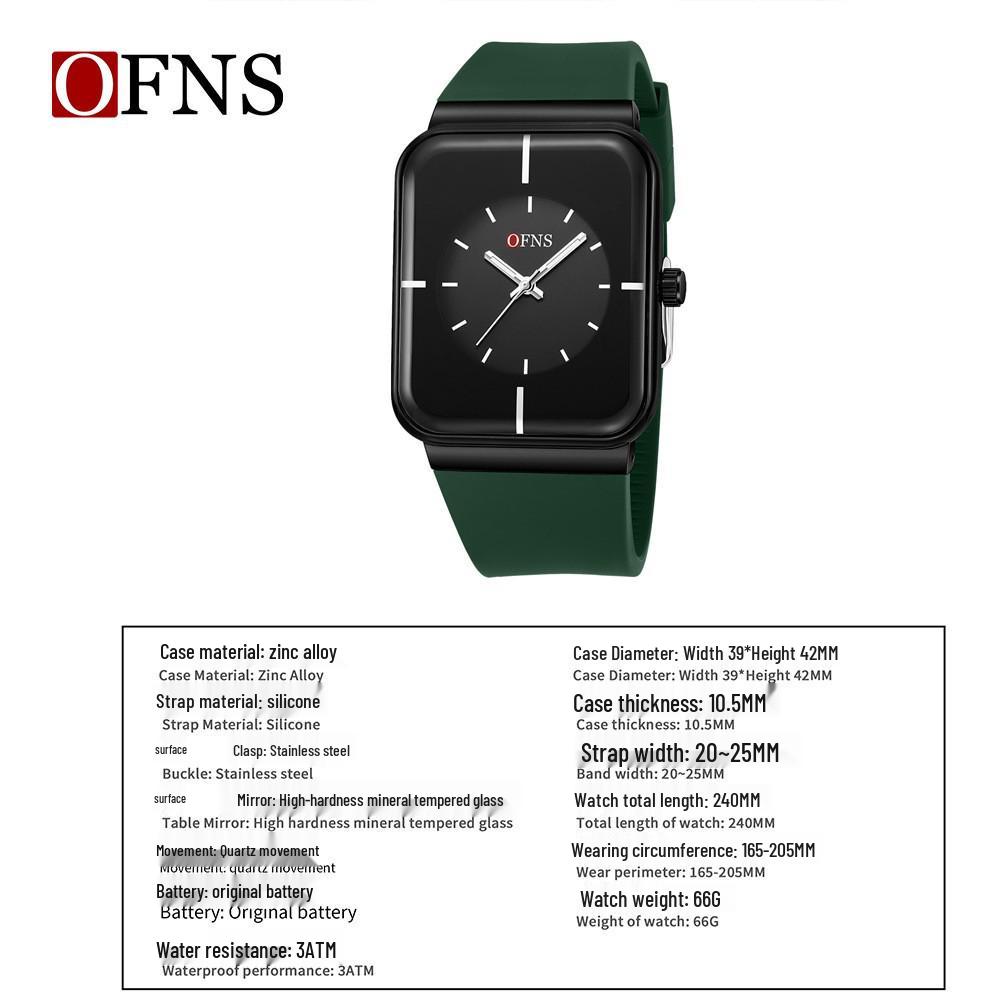 OFNS Unisex Fashion Square Quartz Watch with Luminous Waterproof Silicone Strap