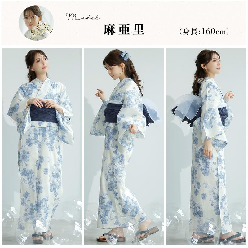 Yukata Heiko Obi Light Transparent Floral Easy to Wear by One Person no Hana FREE (Dita) Women's 5-Piece Set (Sash), Blue, White, Navy, Blue,