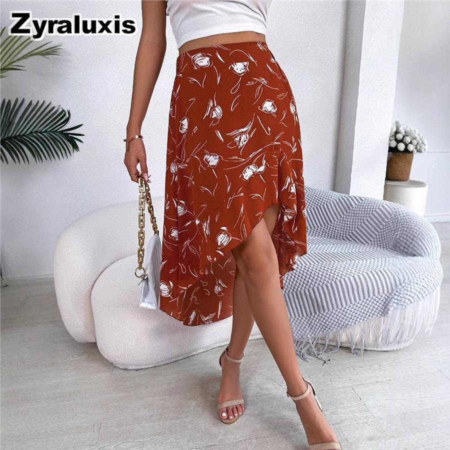 Spring/Summer Floral Asymmetrical Ruffled Midi Skirt for Women's Clothing