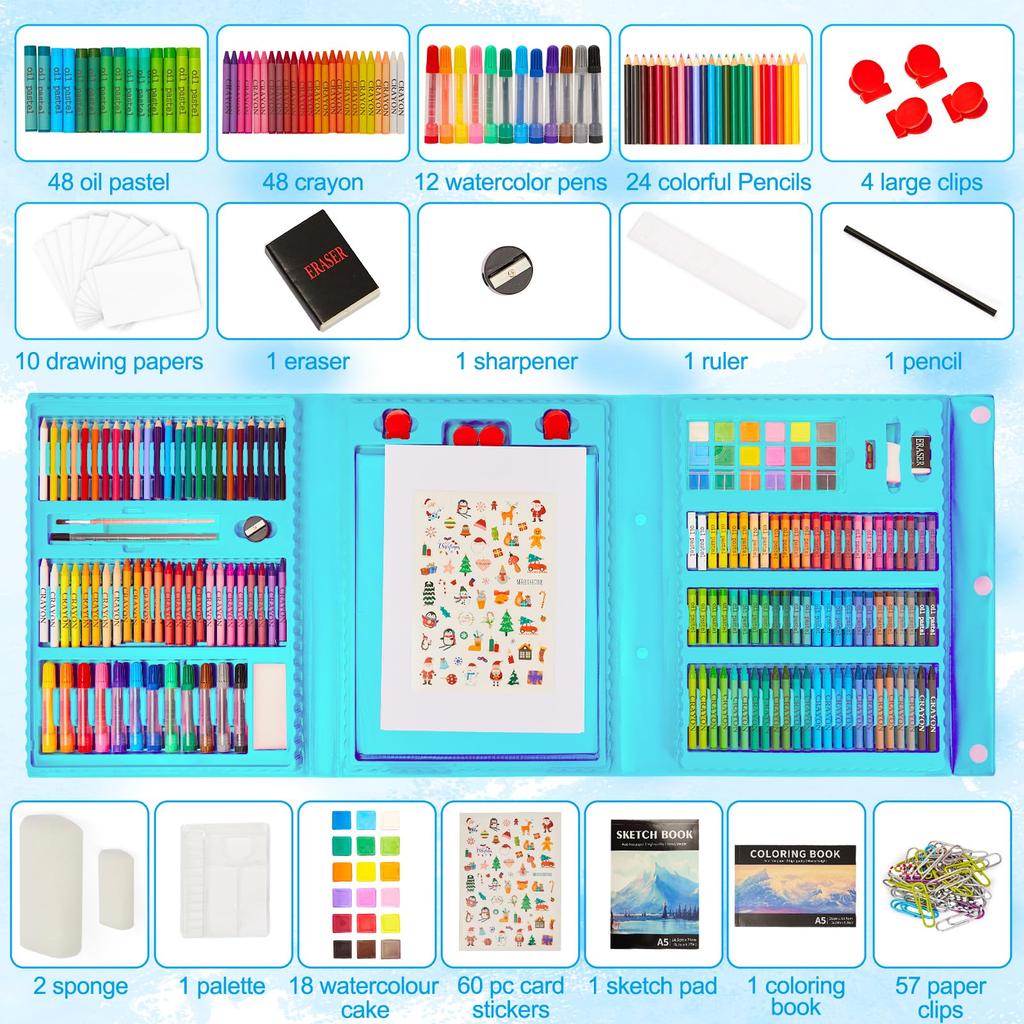 KINSPORY Ritset för Inkluderar Färgglada och Perfekt för Begynnande Skol- och Konstpresentkit för och Passar 2 Barn 290 Delar Barn, Dubbelsidig Staffli,