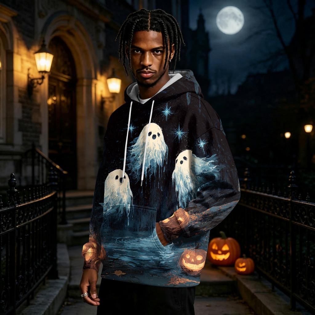 Męska bluza z kapturem z nadrukiem na Halloween, bluza z długim rękawem