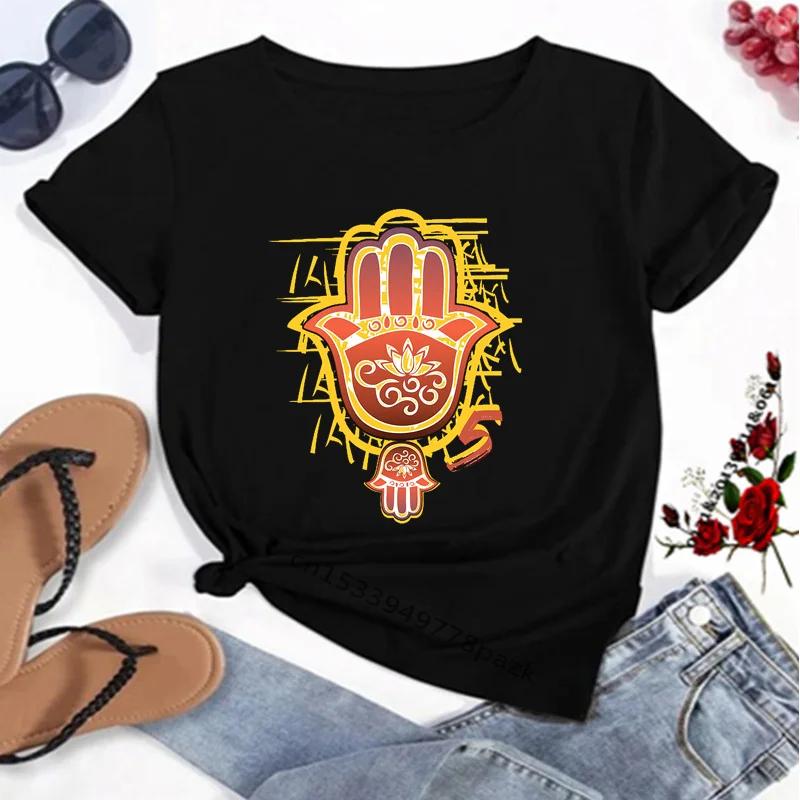 Camisetas con estampado de la mano de Fátima de Hamasa para mujer, camisetas Unisex Harajuku de la mano de Hamsa de la suerte, camisetas negras de manga corta para verano para mujer