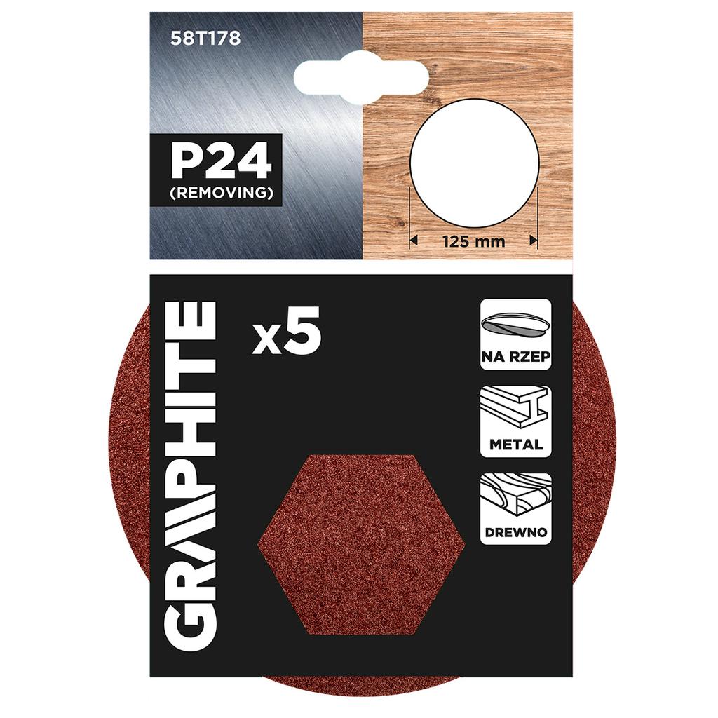 Krążki ścierne na rzep 125 mm, P24, 5 szt., bez otworów