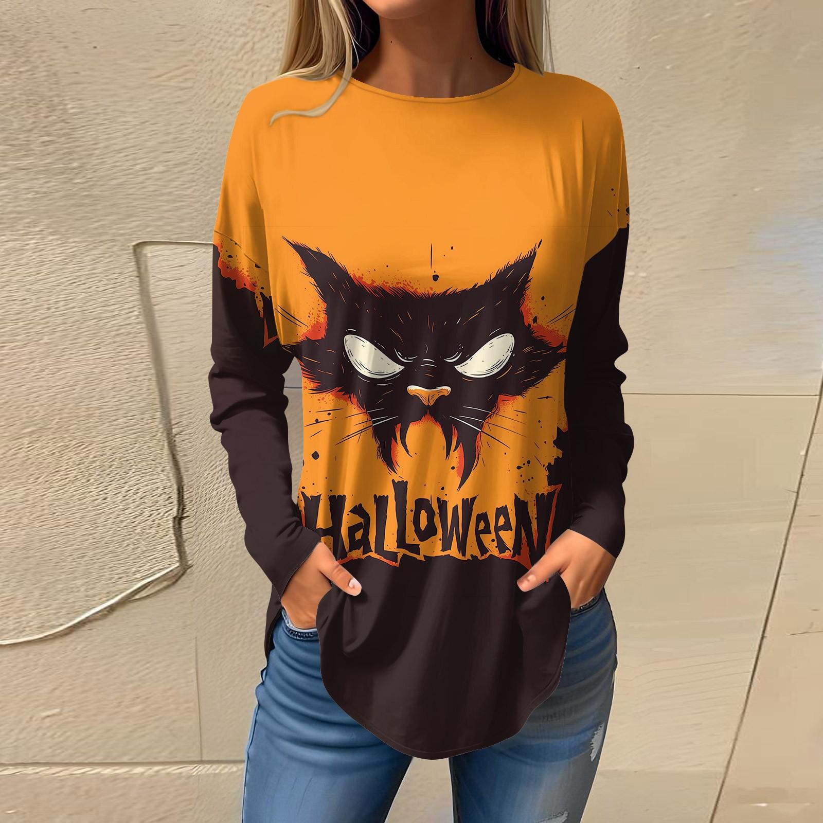 

Женская свободная футболка с круглым вырезом и принтом на Хэллоуин с длинными рукавами, топ, пуловер, свитшот с длинными рукавами M