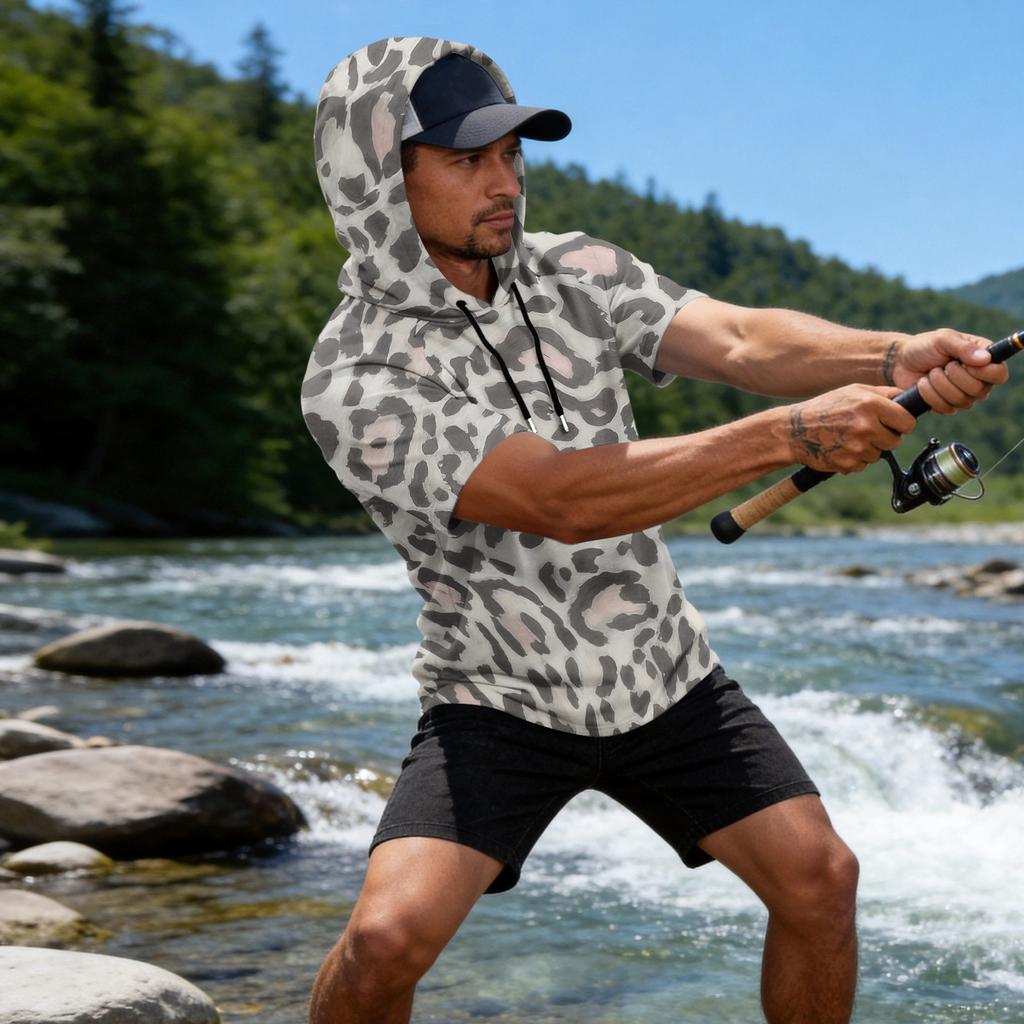Men's Leopard Print Raglan Hoodie, Short Sleeve Casual Fishing Top, Breathable Outdoor Sports T-Shirt