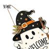 Hanging Door Sign Halloween Wooden Ghost Welcome for Front Door, Rustic Cartoon Hanger Plaque with Pumpkin Wizard Hat And Broom Holiday Party
