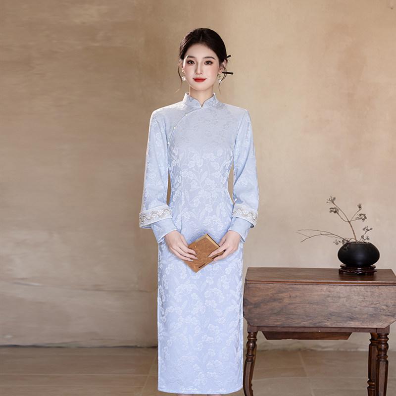 Blue national style new Chinese Suzhou long-sleeved autumn cheongsam improved young 1011 new women's high sense