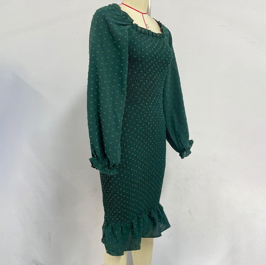 Sukienki Damskie Wiosna Lato z Brzegiem w Kształcie Grzyba, Długim Rękawem, Kwadratowym Dekoltem, Dopasowane, Wysokim Stanem, Średniej Długości, Syrenka S-XL