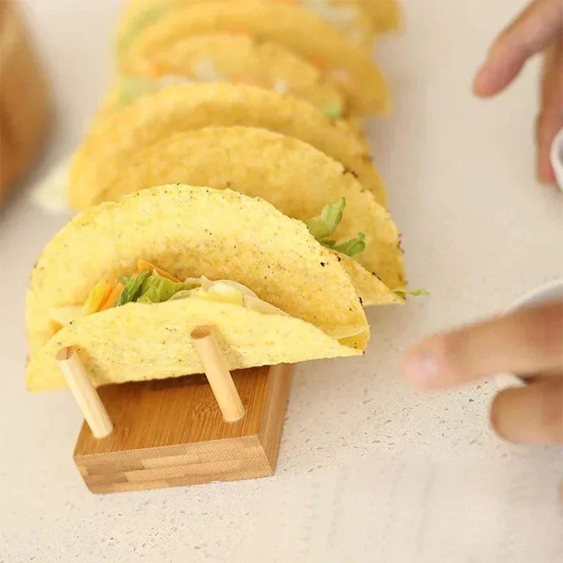 2025 Hot Bamboo Wooden Taco Holder Taco Display Stand Burrito Tortilla Plate Tray Food Holder Potato Chips Corn Roll Rack Bu