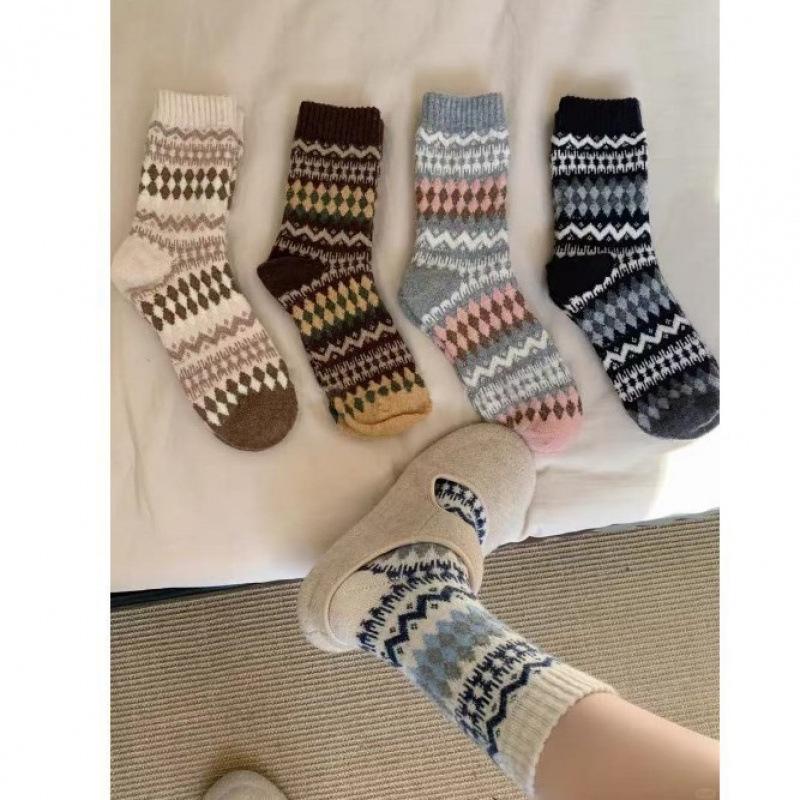 Nordic Fair Isle Wool Slouch Socks - Warm, Retro Ethnic, Extra Thick, Long Winter Style