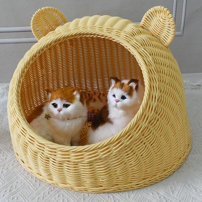 Four Seasons Semi-Enclosed Pet Bed: Imitation Rattan Weaving Bed for Cats & Dogs