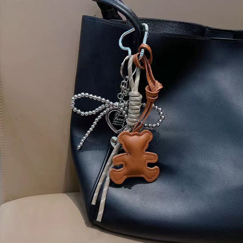 Yogodlns Fashionable Bear Leather Rope Keychain Y2K Bag Pendant Ornaments Mobile Phone Lanyard Gifts Bag Accessories