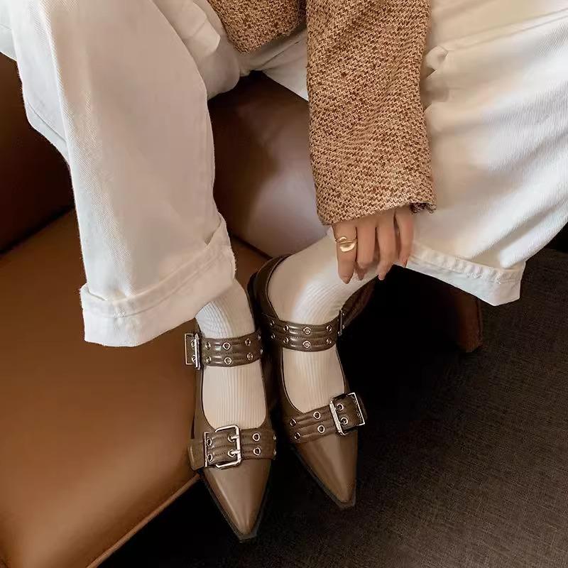 Niche design trendy cool black pointed Mary Jane single shoes women's shoes spring 2025 French thick heel small leather shoes