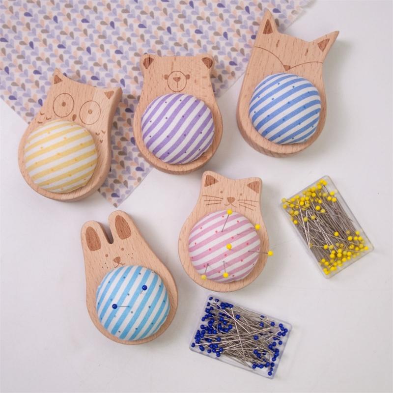 Pin Holder Wood Pin Cushion with 100Pcs 38mm Long Straight Sewing Pin for Fabric Sewing Dressmaking Needlework