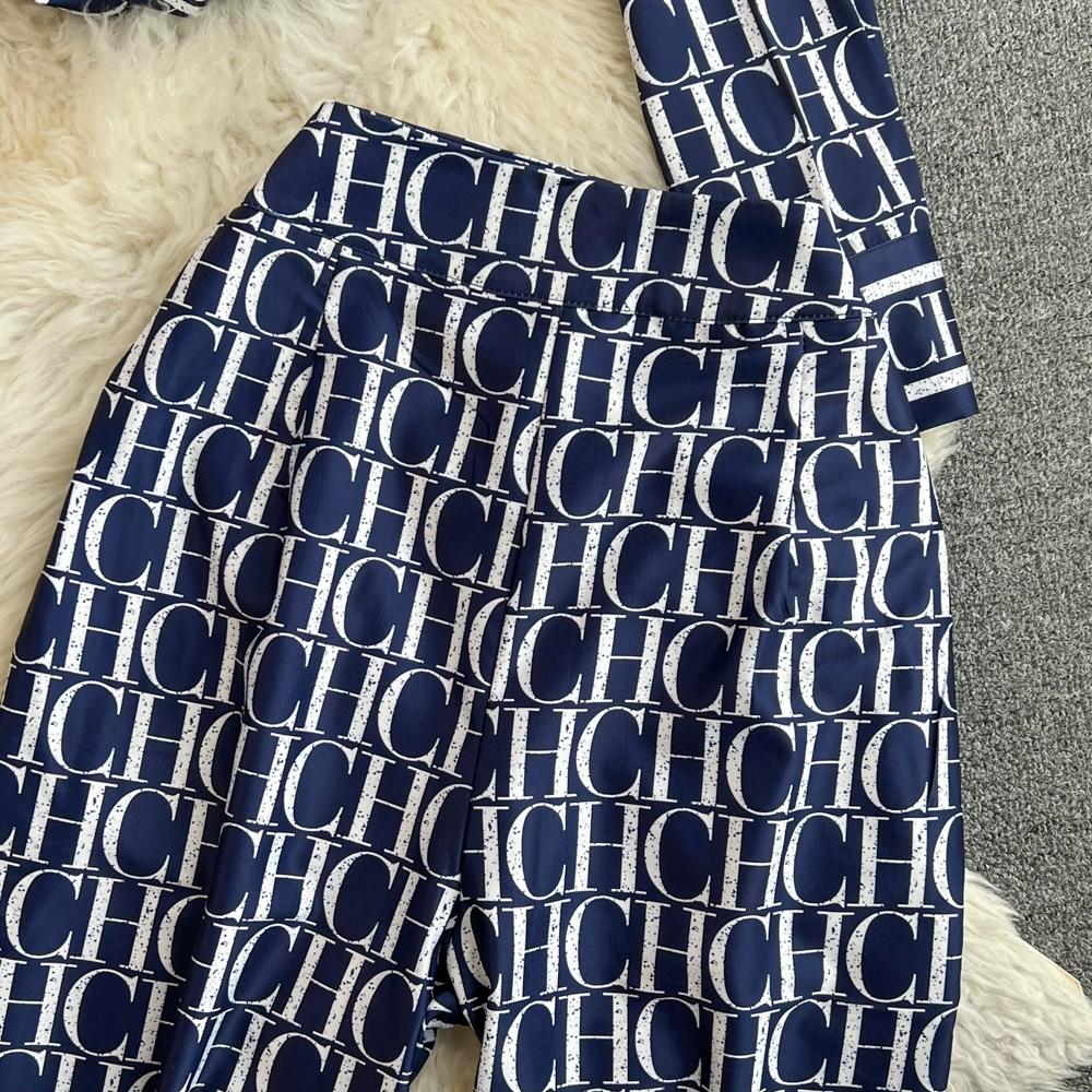 Women's Summer Version of The Loose Single-breasted Letters Printed Shirt Two-piece Set of High-waisted Thin Straight Wide-legged Trousers