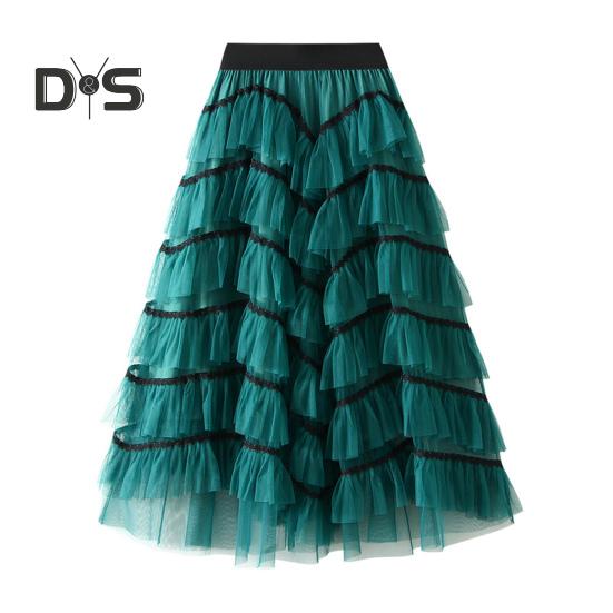 Women Skirt High Waist A line Big Swing Ruffle Contrast Color Scattered Hem Pleated Patchwork Princess Style Elastic Waist Ankle Length Maxi Skirt