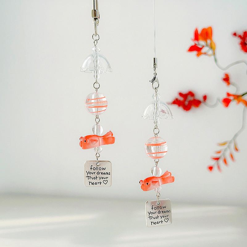Y2K Goldfish Key Chain Wind Chimes Round Beaded Keyring For Phone Camera Earphone Case Charm Pendant Keycord