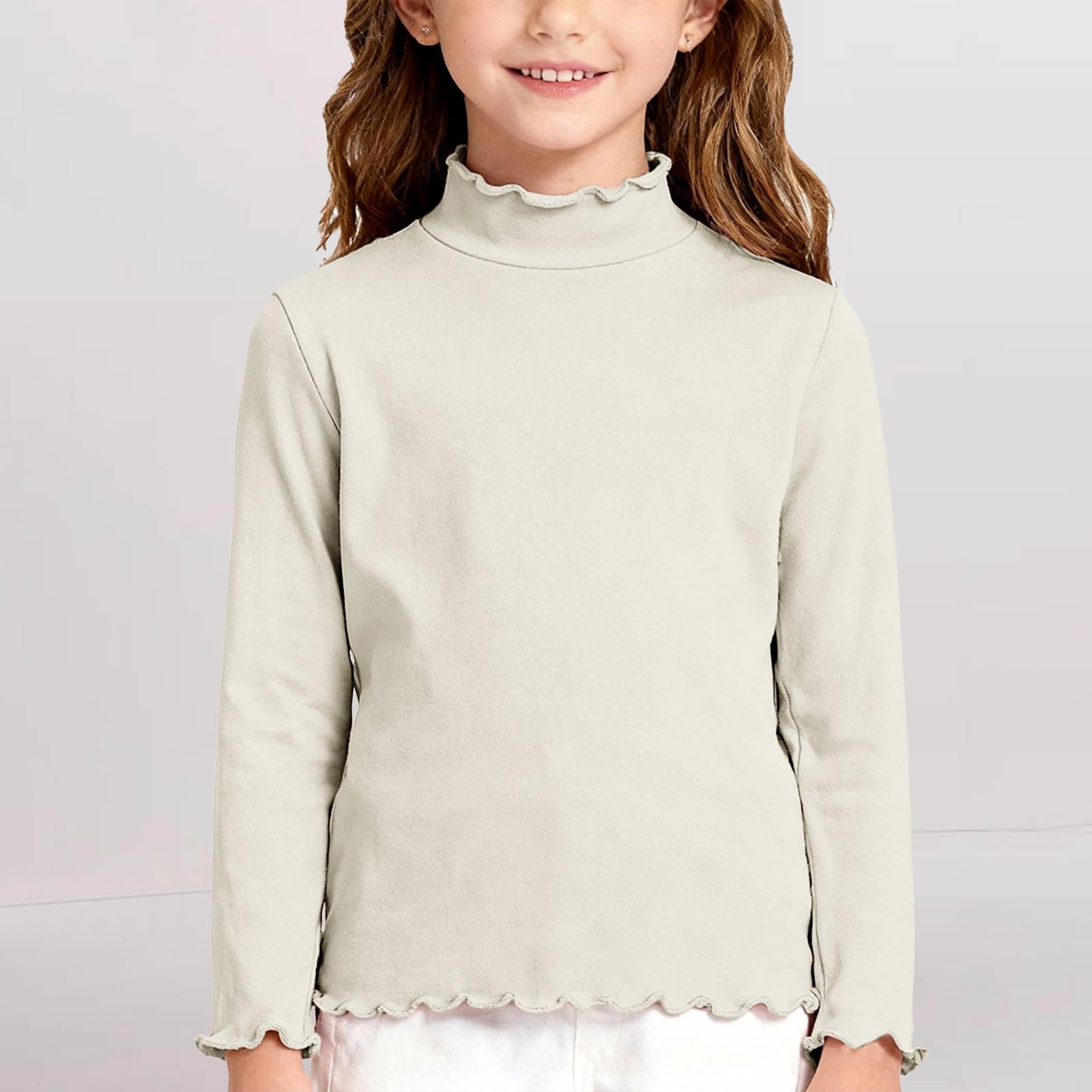 Girls  Lettuce Edge TrimRuched Side Ribbed Knit Crewneck Casual Slim Fit Base Layer Top 100