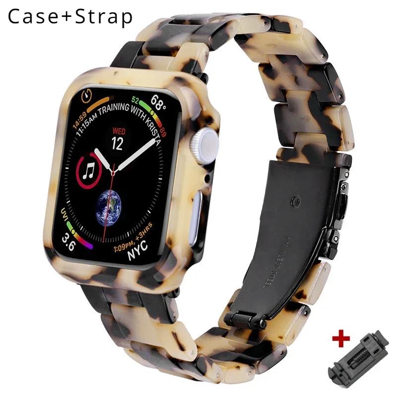 Etui+Pasek z Żywicy do Apple Watch Series 9 41mm 45mm Pasek 38 40mm Pokrowiec Damska Bransoletka do iWatch 8 7 6 SE 5 4 42 mm 44mm Correa