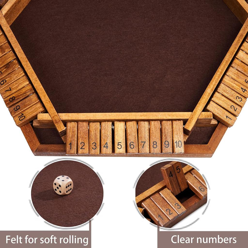 Vamslove Shut The Box Dice Game Wooden Board (L15 X W13) for 1 2 3 4 5 6 Player, 6 Sided 10 Numbers Math Games with 16 Dices for Kids
