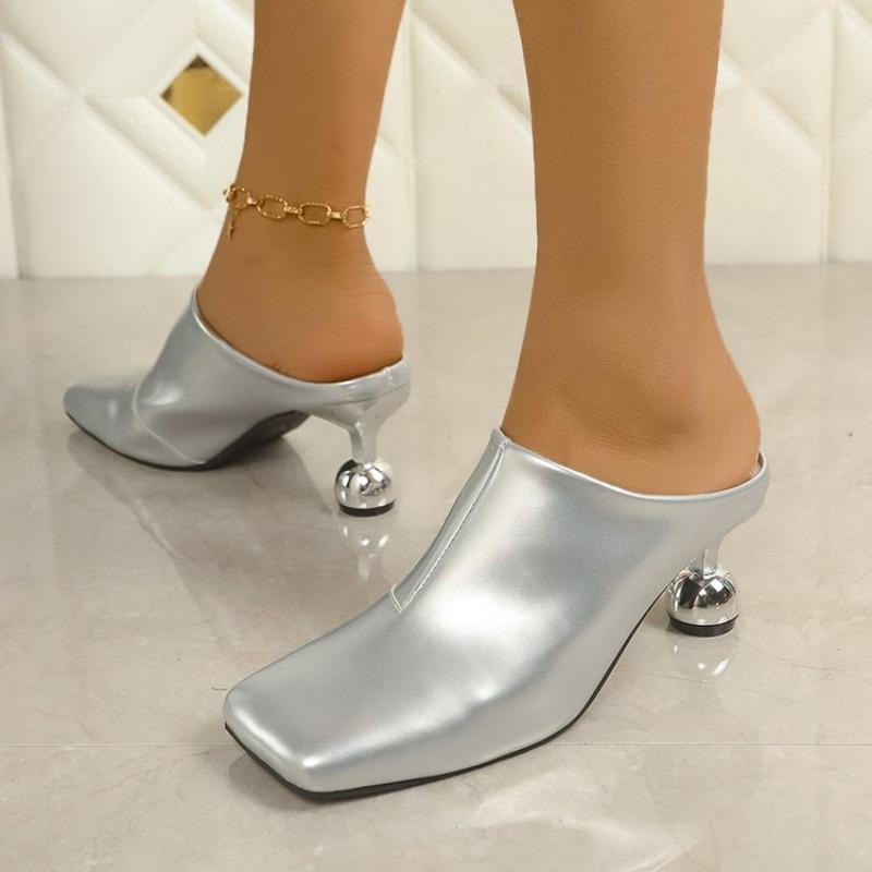Fashion Women's Slippers Square Toe Special-shaped Heel Women's Mules 2025 Spring Sling-Heel Formal Pumps Outdoor Zapatillas De Mujer