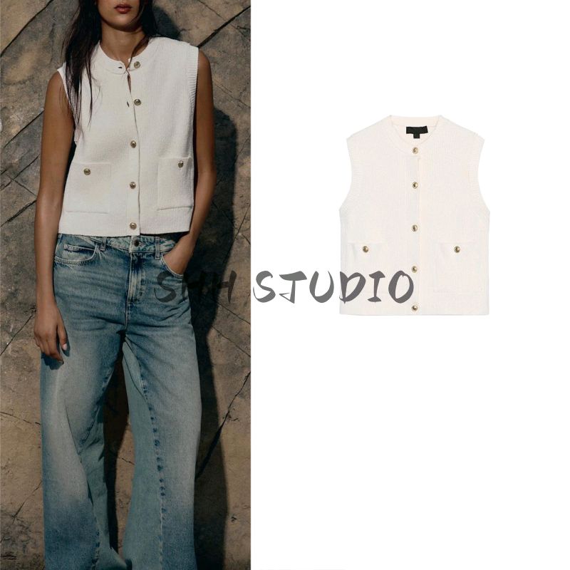 Fall New Women's Clothing French Casual Style Patch Pocket Non-Decorative Round Neck Sleeveless Knitting Vest 6771059
