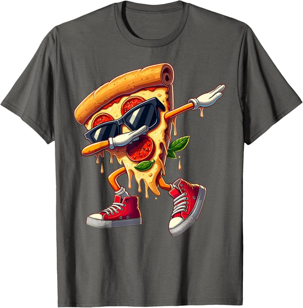 Dabbing Pizza Slice Dancing Foodie Graphic Tee Cool Casual Cotton Short Sleeve T-Shirt for Men