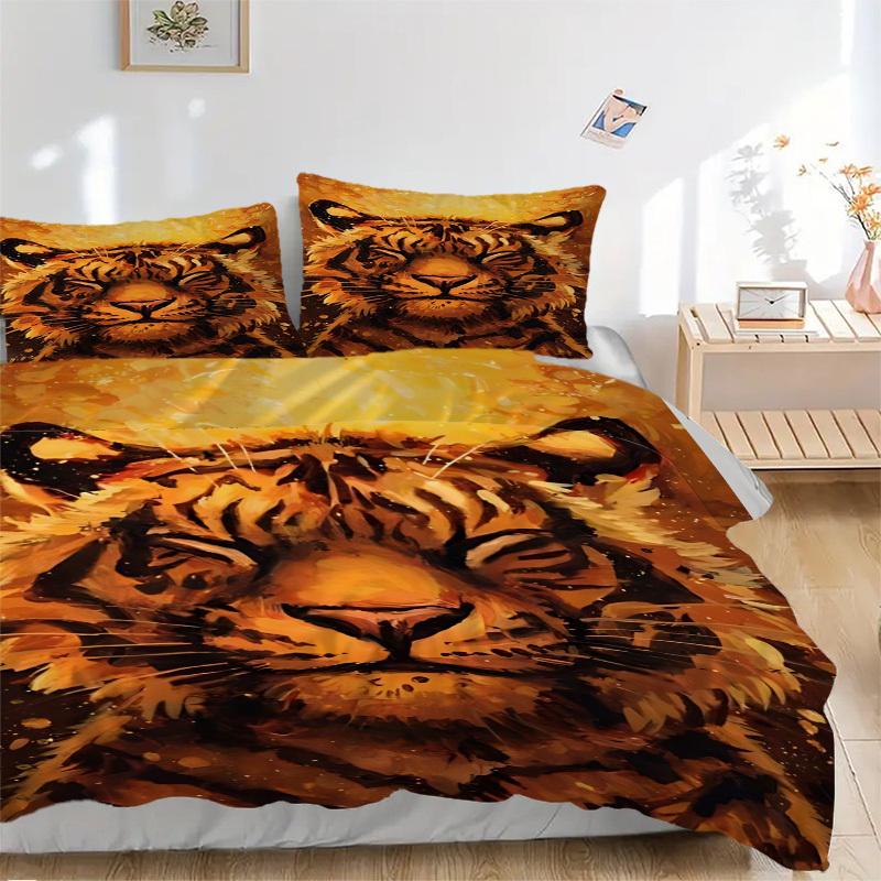 3-teiliges Bettbezug-Set mit Tigergesicht - Maschinenwaschbar, Enthält 1 Bettbezug und 2 Kissenbezüge, Ohne Füllung yy251013031